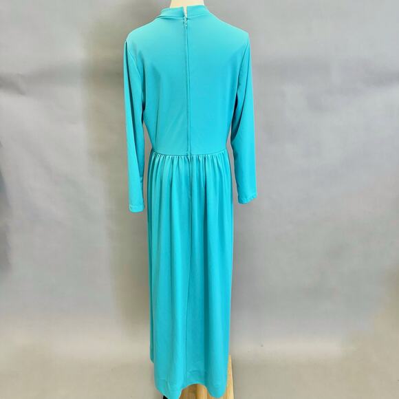 Vintage 60s/70s Turquoise Blue Keyhole Front Maxi Dress High Neck Size 18 - Picture 3 of 16